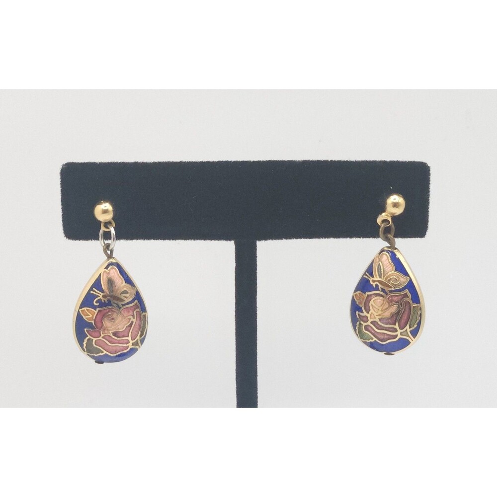 Vtg Cloisonné Enamel Teardrop Earrings Blue Butterfly & Floral Gold Tone Dangle